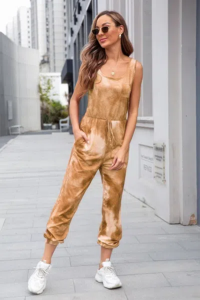 Fashnzfab Tie Dye Sleeveless Elastic Wasit Pocket Jumpsuit