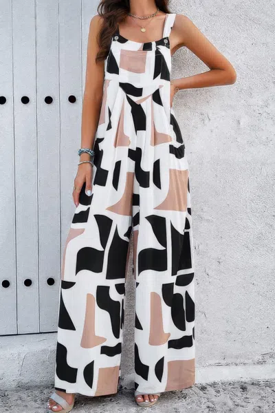 Fashnzfab Geo Print Smocked Sleeveless Pockets Jumpsuit