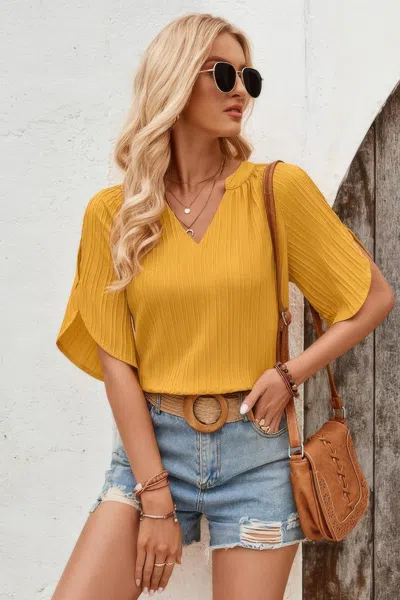 Fashnzfab Plain V Neck Loose Fit Short Sleeve Blouse