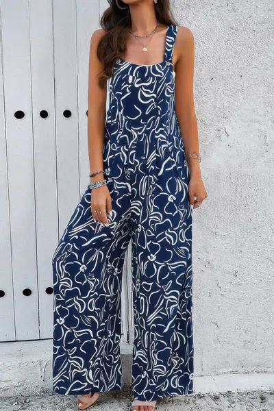 Fashnzfab Geo Print Smocked Sleeveless Pockets Jumpsuit