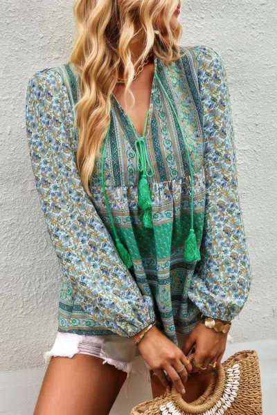 Fashnzfab Tie Neck Boho Floral Tunics Long Sleeve Shirt
