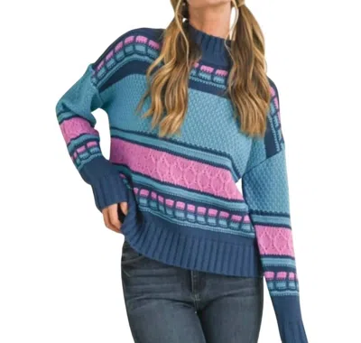 Merci Mock Neck Cable Knit Sweater In Navy In Multi