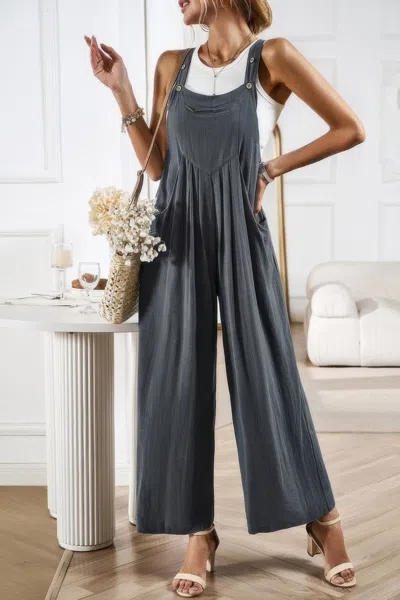 Fashnzfab Button Detail Wide Leg Overall Pockets Jumpsuit