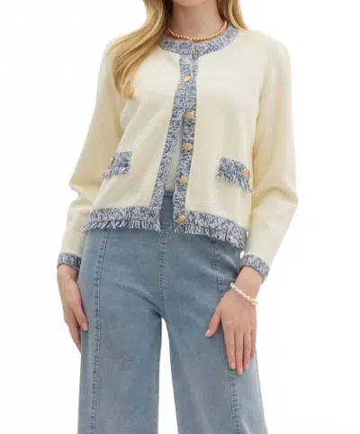 Entro Knit Long Sleeve Cardigan In Cream/ Navy In Neutral