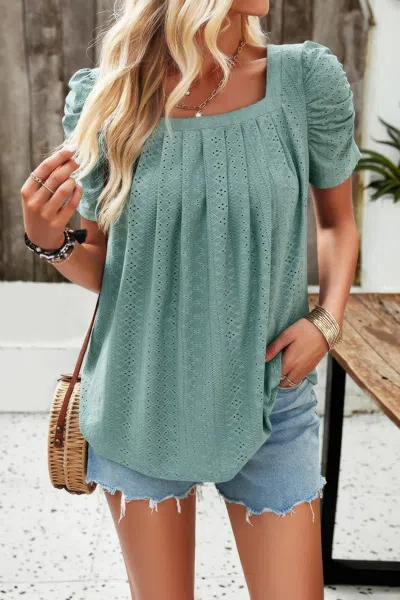 Fashnzfab Square Neck Puff Sleeve Tunic Tops Eyelet Shirt