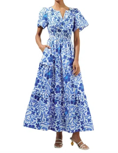 Sugarlips Celeste Floral Palmer Poplin Tiered Maxi Dress In White/ Blue Combo