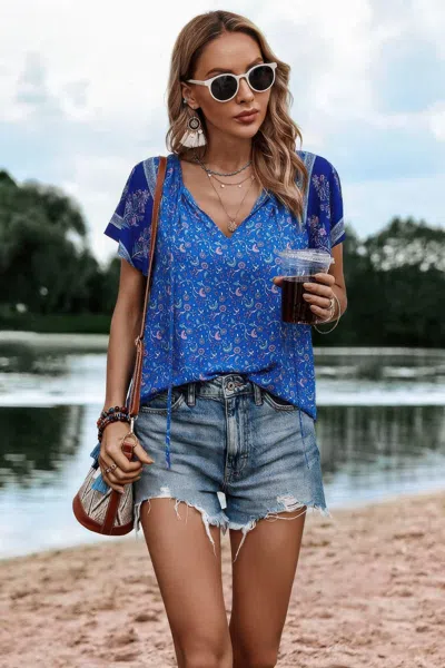Fashnzfab Boho Floral Print Tie Neck Butterfly Sleeve Blouse