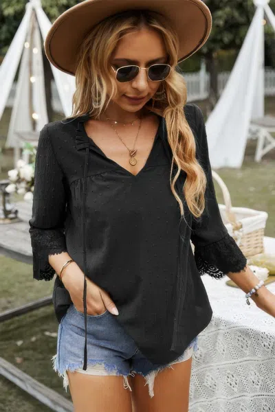 Fashnzfab Swiss Dot Lace Splicing Sleeve V Neck Blouse