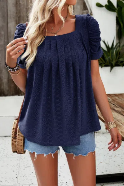 Fashnzfab Square Neck Puff Sleeve Tunic Tops Eyelet Shirt