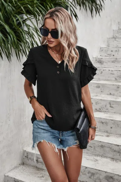 Fashnzfab Ruffle Solid V Neck Short Sleeve Tunic Shirt