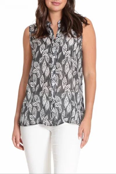 Apny Button Up Tank Top In Monochrome Leaves In Gray