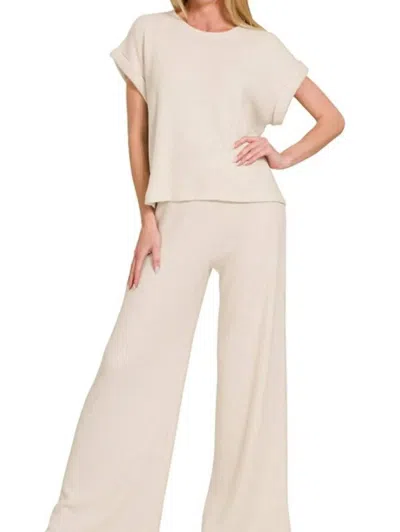 Trendsi Zenana Rolled Sleeve Top And Pants Sweater Set In Sand Beige In White