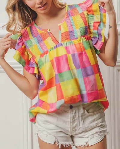 Bibi Brielle Multicolored Ruffled Top In Pink/yellow/blue In Multi