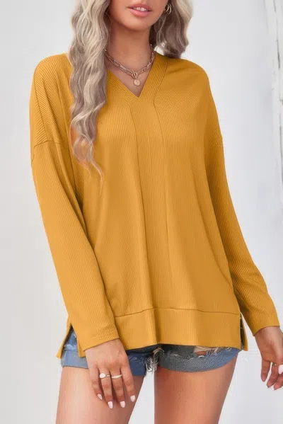 Fashnzfab Solid Drop Shoulder V Neck Split Long Sleeve Blous