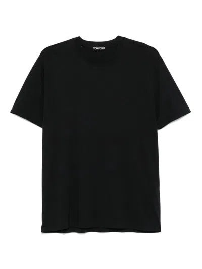 Tom Ford Blue Crew Neck T-shirt With Embroidered Logo In Cotton Blend Man In Black