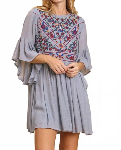 Trendsi Umgee Full Size Floral Embroidered 3/4 Bell Sleeve Keyhole Dress Plus Size In Gray In Blue