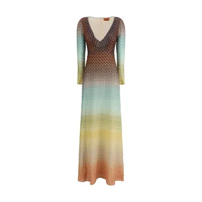 Missoni Plunging Metallic Ombre Knit Long-sleeve Maxi Dress In Multi