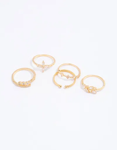 Lovisa Gold Plated Cubic Zirconia Leafy Mixed Ring 5-pack Size Sm