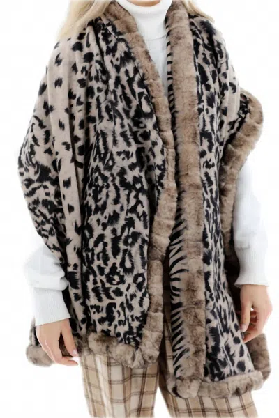 La Fiorentina Reversible Animal Print Shawl With Fur In Black/beige