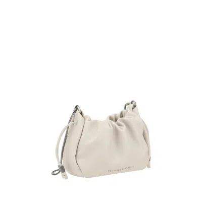 Brunello Cucinelli 'mellow' Beige Crossbody Bag With Drawstring Closure And Chain Shoulder Strap In Neutral