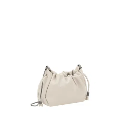 Brunello Cucinelli 'mellow' Beige Crossbody Bag With Drawstring Closure And Chain Shoulder Strap In Neutral