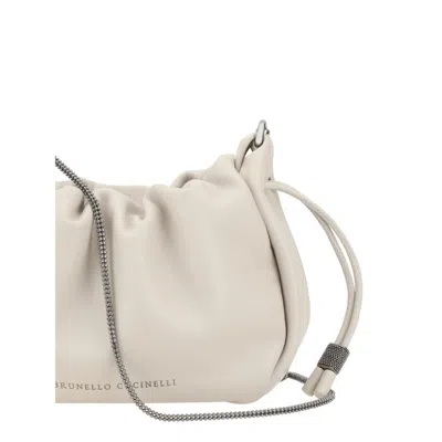 Brunello Cucinelli 'mellow' Beige Crossbody Bag With Drawstring Closure And Chain Shoulder Strap In Neutral
