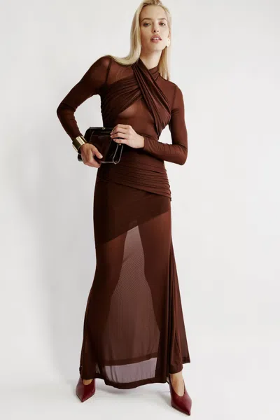 Bardot Marice Wrap Mesh Maxi Dress In Brown