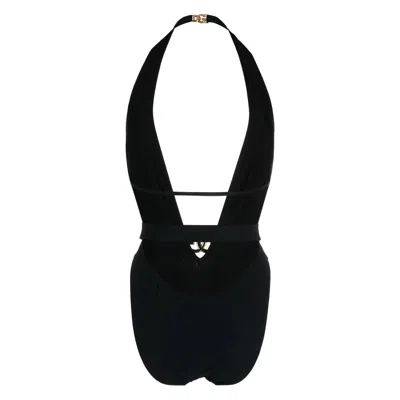 Dolce & Gabbana Plunging Neckline Belted Swimsuit In Black