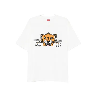 Kenzo 'gots Happy Tiger' White Crewneck T-shirt With Maxi Logo Embroidery On The Front And Logo Lettering