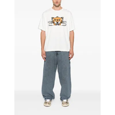 Kenzo 'gots Happy Tiger' White Crewneck T-shirt With Maxi Logo Embroidery On The Front And Logo Lettering