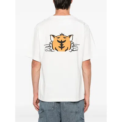 Kenzo 'gots Happy Tiger' White Crewneck T-shirt With Maxi Logo Embroidery On The Front And Logo Lettering