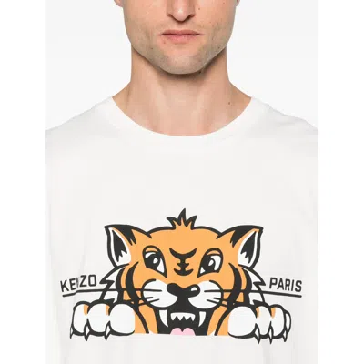 Kenzo 'gots Happy Tiger' White Crewneck T-shirt With Maxi Logo Embroidery On The Front And Logo Lettering