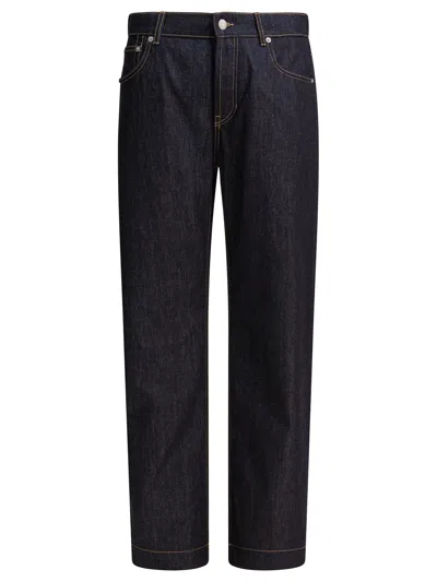 Alexander Mcqueen Wide Leg Denim Contrast Stitching In Blue