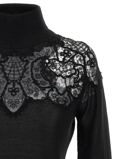 Ermanno Scervino Sheer Turtleneck Lace Sweater With Long Sleeves In Black