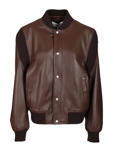 Loewe Logo-debossed Ribbed-knit Trimmed Leather Bomber Jacket In Brown