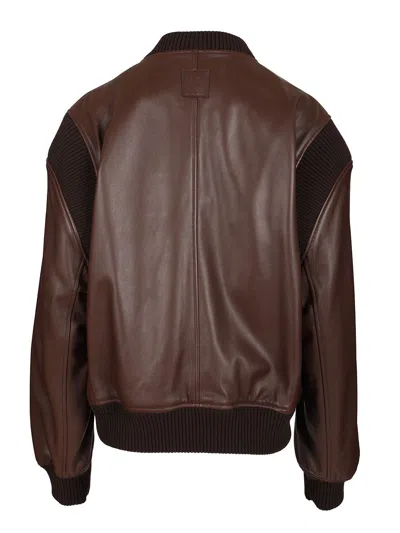 Loewe Logo-debossed Ribbed-knit Trimmed Leather Bomber Jacket In Brown