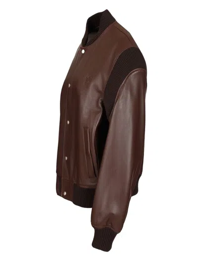 Loewe Logo-debossed Ribbed-knit Trimmed Leather Bomber Jacket In Brown