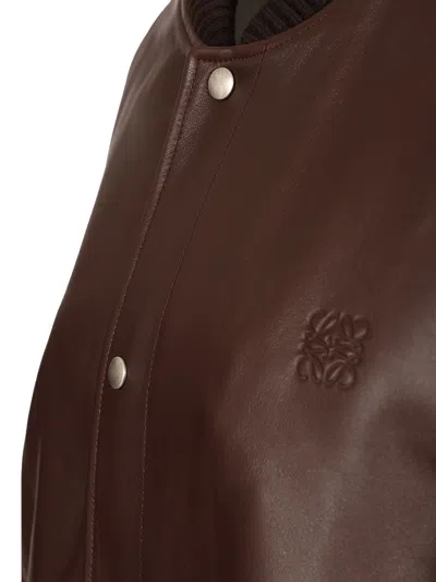 Loewe Logo-debossed Ribbed-knit Trimmed Leather Bomber Jacket In Brown