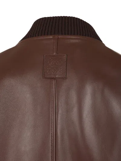 Loewe Logo-debossed Ribbed-knit Trimmed Leather Bomber Jacket In Brown