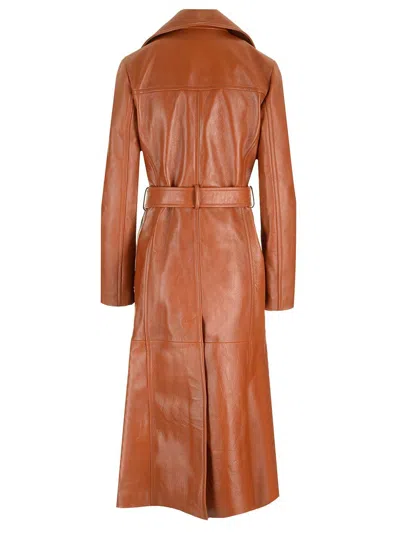 Chloé Glossy Leather Belted Long Trench Coat In Brown