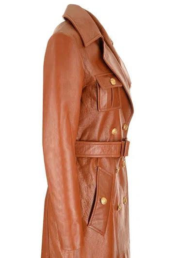 Chloé Glossy Leather Belted Long Trench Coat In Brown