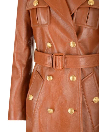 Chloé Glossy Leather Belted Long Trench Coat In Brown