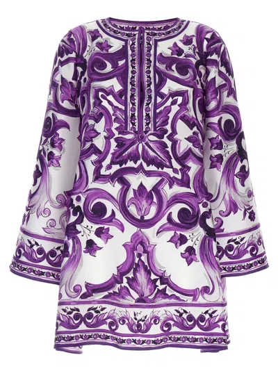 Dolce & Gabbana Majolica Silk Twill Long-sleeve Mini Shift Dress In Purple