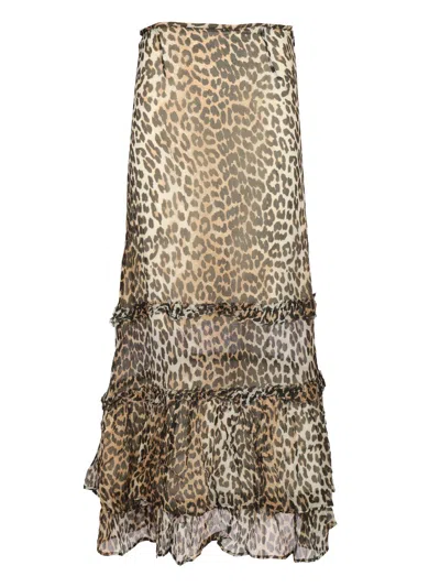 Ganni Animal Print Flared Layered Leopard Skirt In Brown