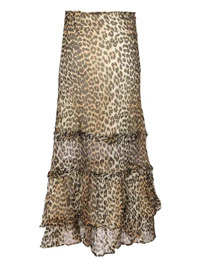 Ganni Animal Print Flared Layered Leopard Skirt In Brown