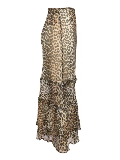 Ganni Animal Print Flared Layered Leopard Skirt In Brown