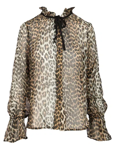 Ganni Printed Viscose Chiffon Tie String Shirt Shirts Animalier In Animal Print