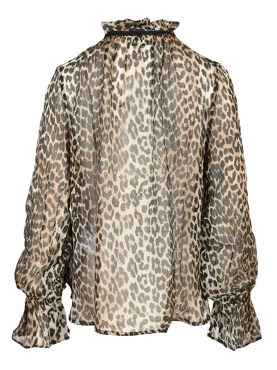 Ganni Printed Viscose Chiffon Tie String Shirt Shirts Animalier In Animal Print