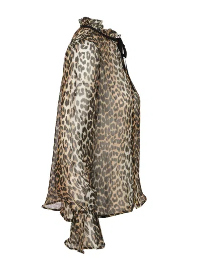 Ganni Printed Viscose Chiffon Tie String Shirt Shirts Animalier In Animal Print