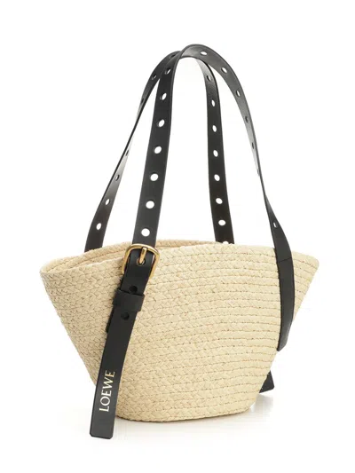 Loewe Punch Hole Small Basket Shoulder Bag In Raffia
